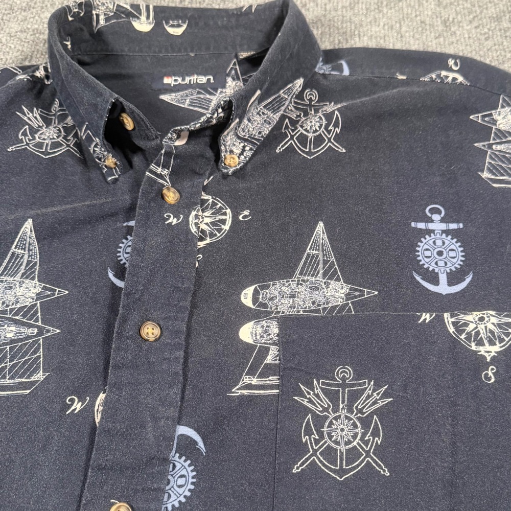 Puritan Mens 2XL Navy Blue Nautical Anchor Sailboat Cotton Button Down Shirt